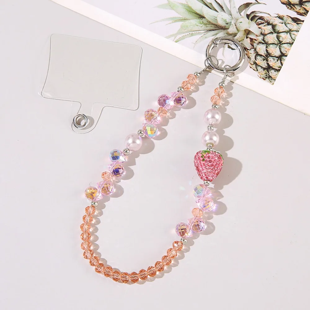 

With Clip Strawberry Crystal Pendant Short Beaded Bling Strawberry Phone Chain Bag Charms Jewelry Pearl Mobile Phone Lanyard