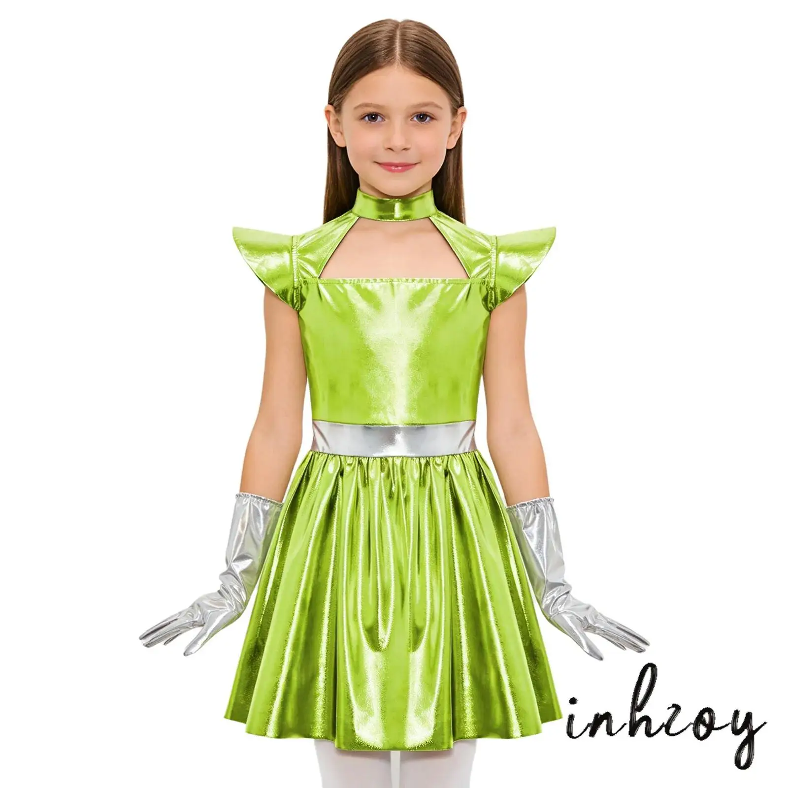 

Kids Girls Halloween Alien Robot Cosplay Dress Hollow Out Flying Sleeve Ruffled Dress with 1 Pair Gloves for Space Theme Parties