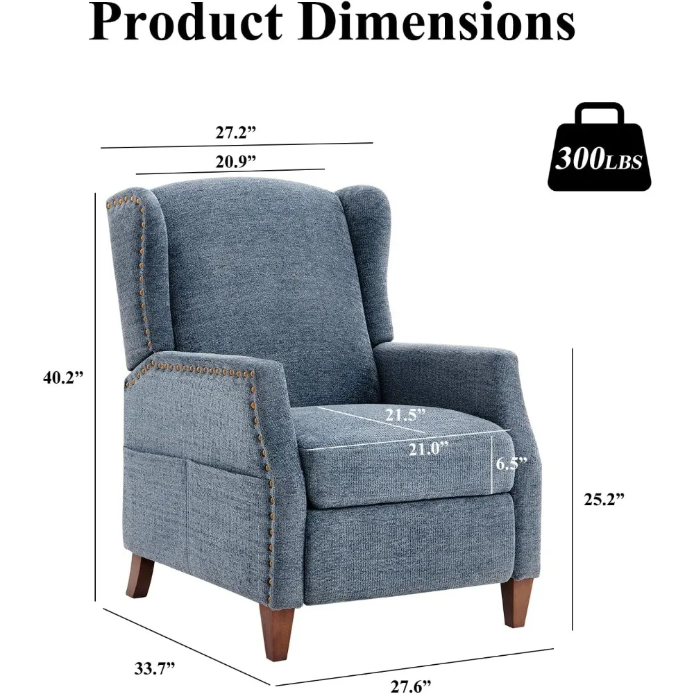 COLAMY Wingback Pushback Recliner Storage Pocket Upholstered Fabric Living Room Chair Armchair, with Wood Legs and Nailhead