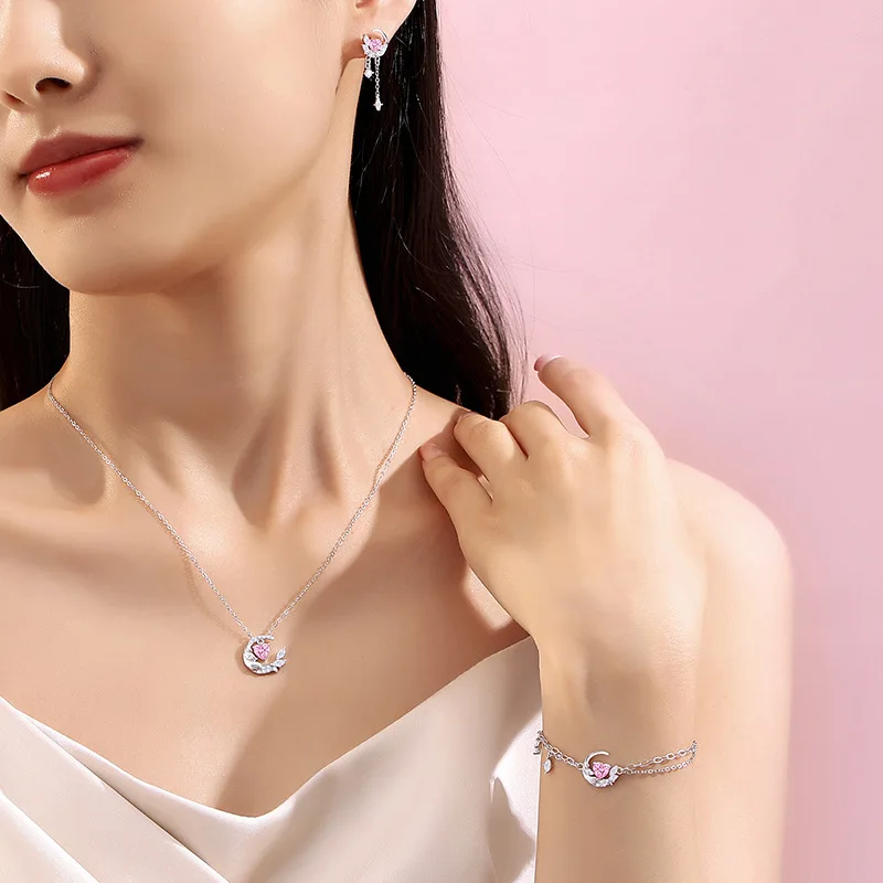 European Pink Heart AAA CZ S925 Sterling Silver Necklace Chain Love Wing For Women Birthday Jewelry