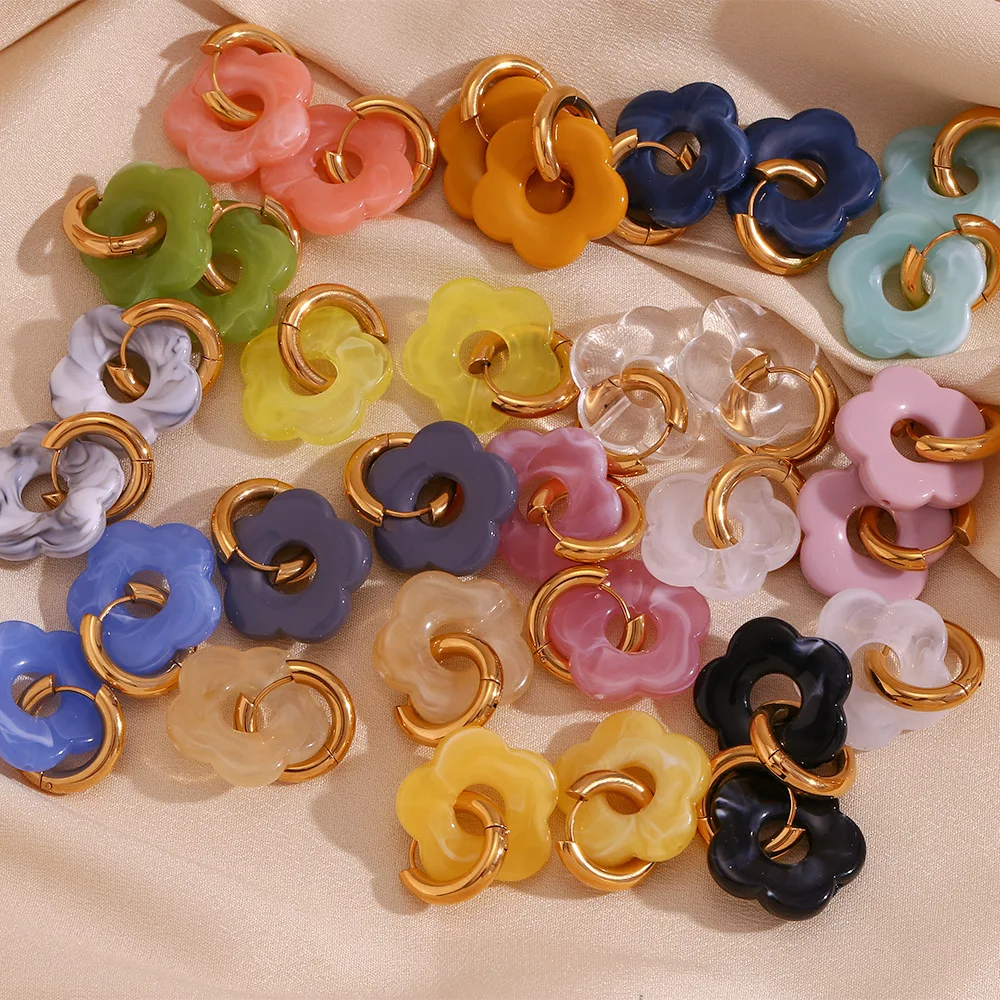 Cute Colorful Resin Acrylic Flower Pendant Earrings Gold Color Stainless Steel Circle Hoop Earrings Fashion Party Jewelry Gift