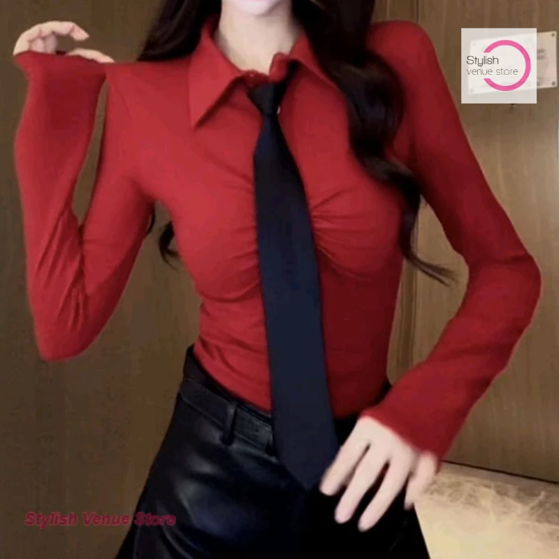 

Korean POLO collar solid color fashion short shirt women's spring and autumn new detachable collar pleated waist slim top