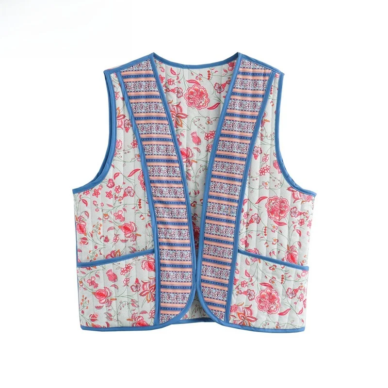 

ZBZR Spring New Women's Faion Double-Sided Print Cotton Vest Personali Matching Floral Polyester Fiber V-Ne Vest