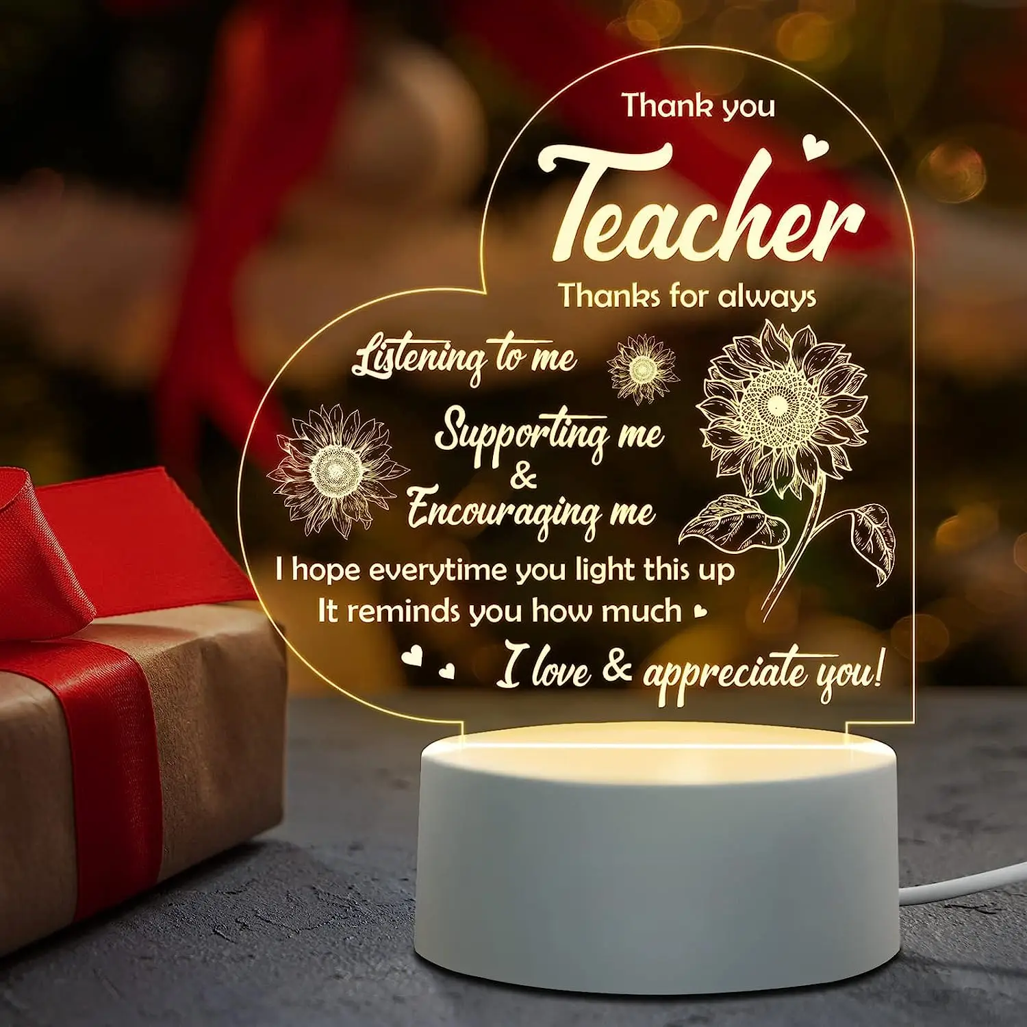 Soft Warm White LED Lamp - Perfect Gift for Best Friends, Teacher, 3D Illusion Lamp with thank you Message-Ideal for Birthdays