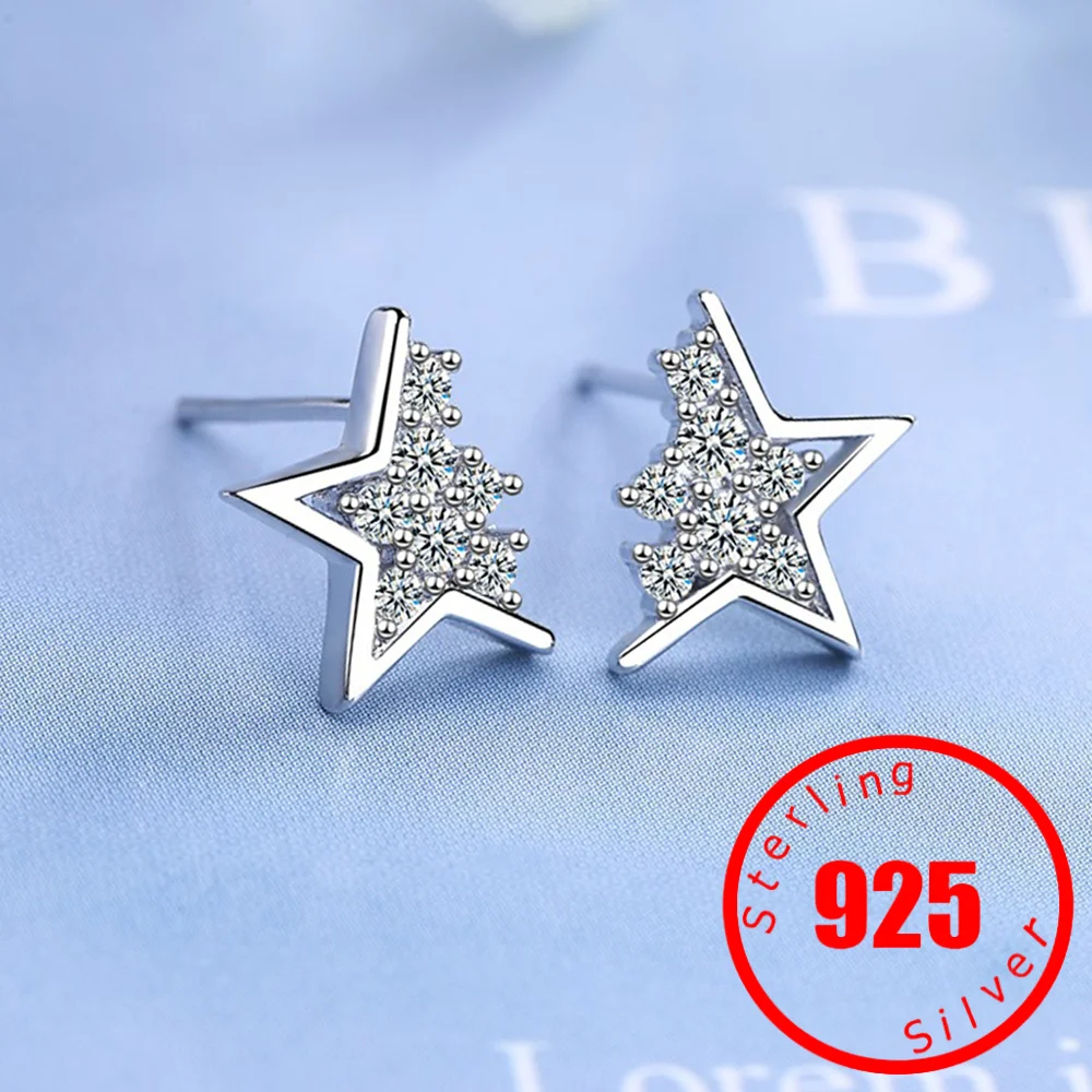 

New Fashion Crystal-studded Star Stamp 925 Sterling Silver Jewelry Simple Temperament Five-pointed Star Stud Earrings