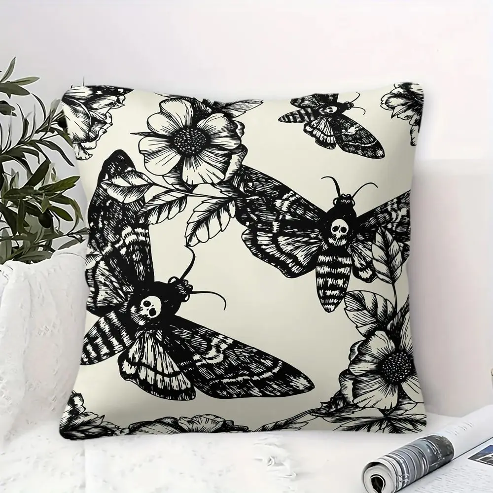 Throw Pillow Cushion Accent Pillow 45×45cm Includes Pillow Core Vintage Skull Moth Floral Sketch Print for Adult Dark Room Decor