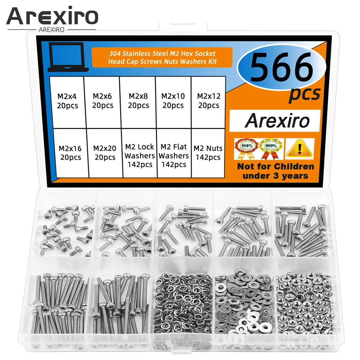 

566Pcs M2 Screw Nut Washer Set M2x4/6/8/10/12/16/20 mm Hex Socket Screw Nut Washer Combo Kit 304 Stainless Steel Fully Threaded