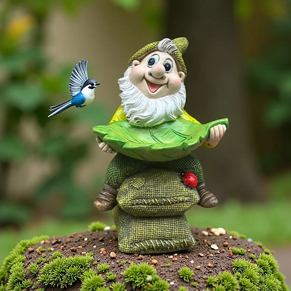 Dwarf Garden Sculpture Statue Multi Functional Home Decoration Ornament Creative Bird Food Plate Green Plant Flower Pot
