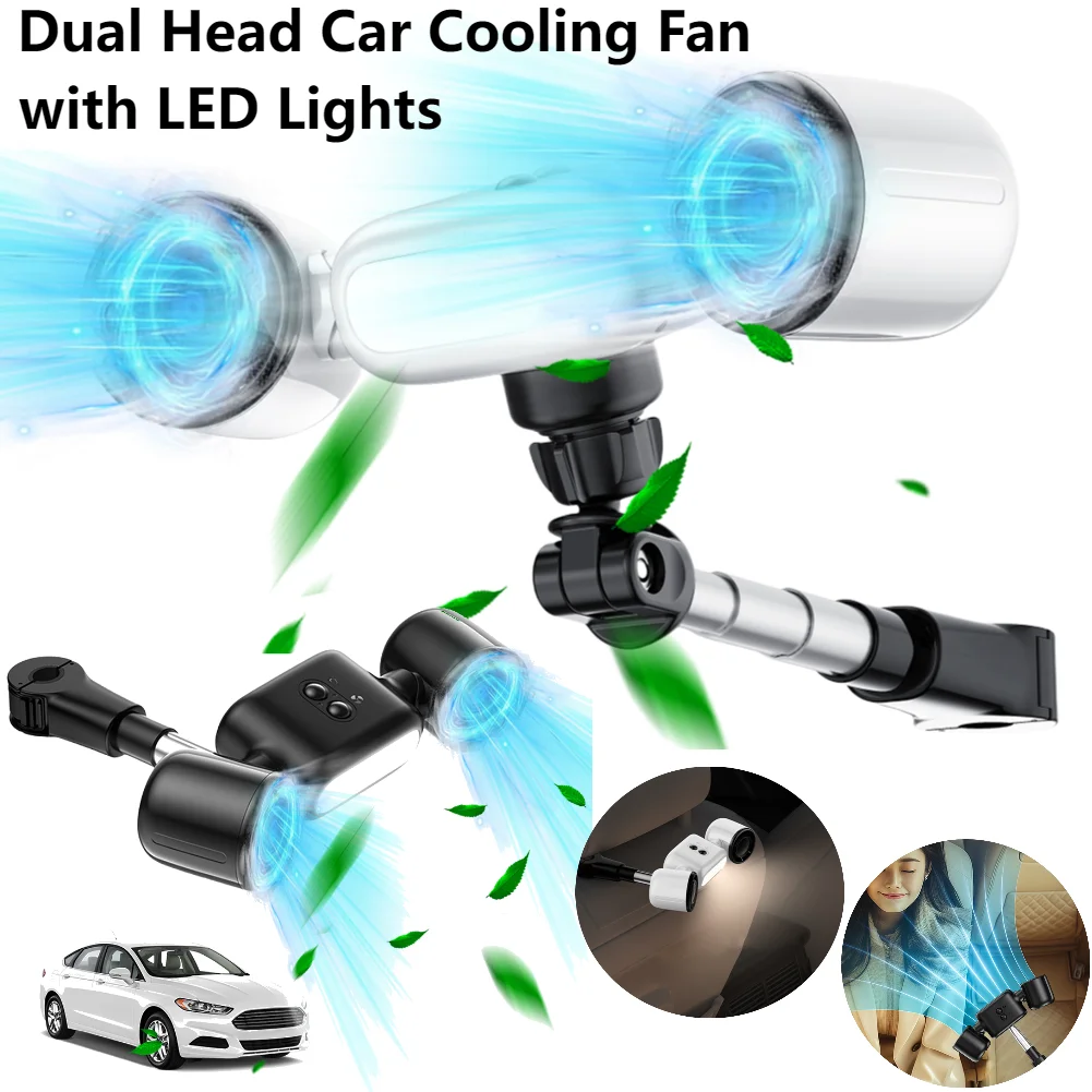 

Dual Head Car Cooling Fan with Extension Arm Car Seat Headrest Fan with LED Lights Cooling Backseat Fan for Sedan SUS RV Truck
