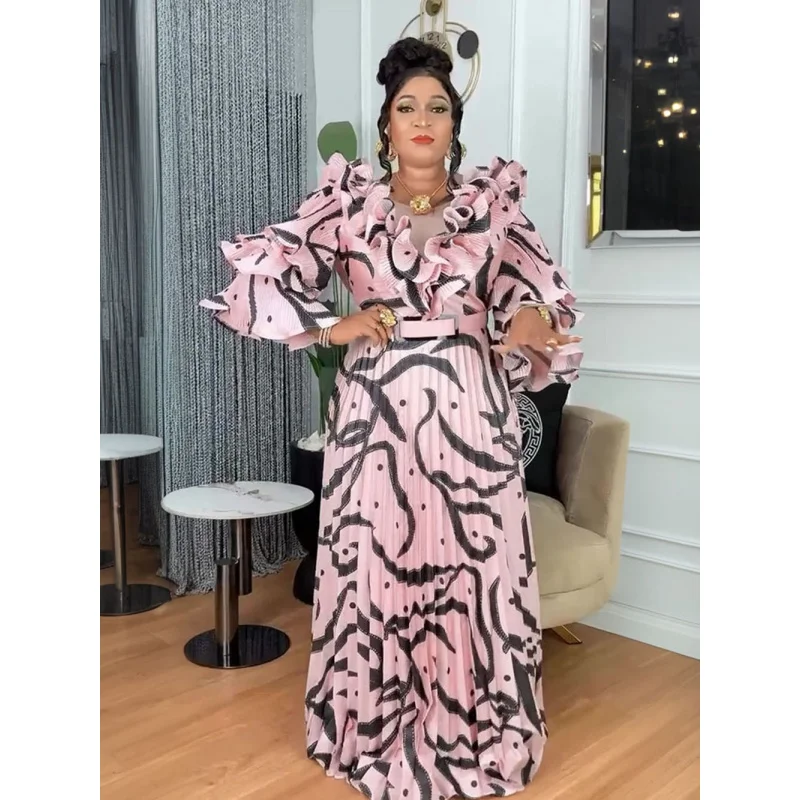

Autumn New Dress Dubai And Africa Printed Plus Size Pleated Skirt Dashiki Ankara Print Gown Elegant Turkey Muslim Maxi Dress