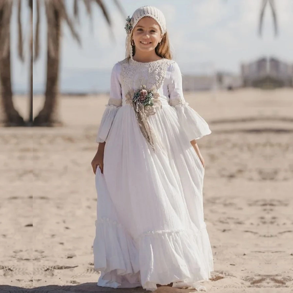 FATAPAESE White Bohemia Princess Girl Dress with Flowers Belt Lace Embroidery on the Bodice A-Line Gown Wedding Minibridesmaid