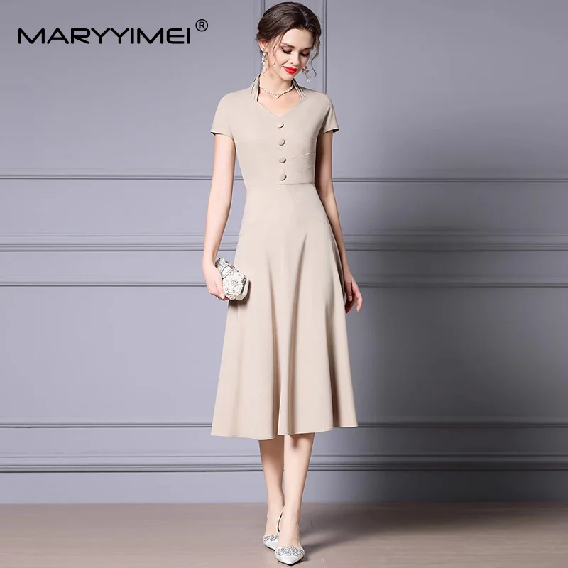 

MARYYIMEI Fashion design Women's Dress V-Neck Short-Sleeved Button High waist Solid Dresses For Formal Occasion