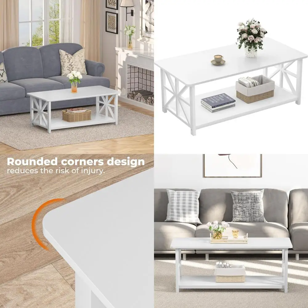 

Space-Saving 39 Inch Round White Living Room Center Table with Storage Shelf