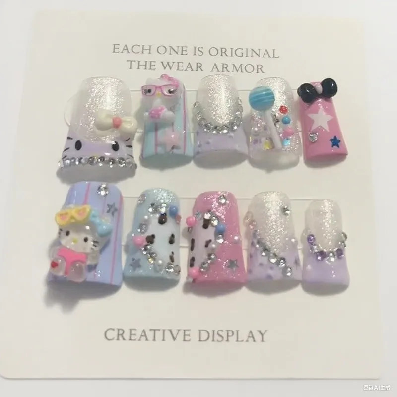 Colección de uñas postizas hechas a mano con diseño de pato, decoración de gatitos en 3D, diseños florales de diamantes de imitación, uso diario, 10 Uds.