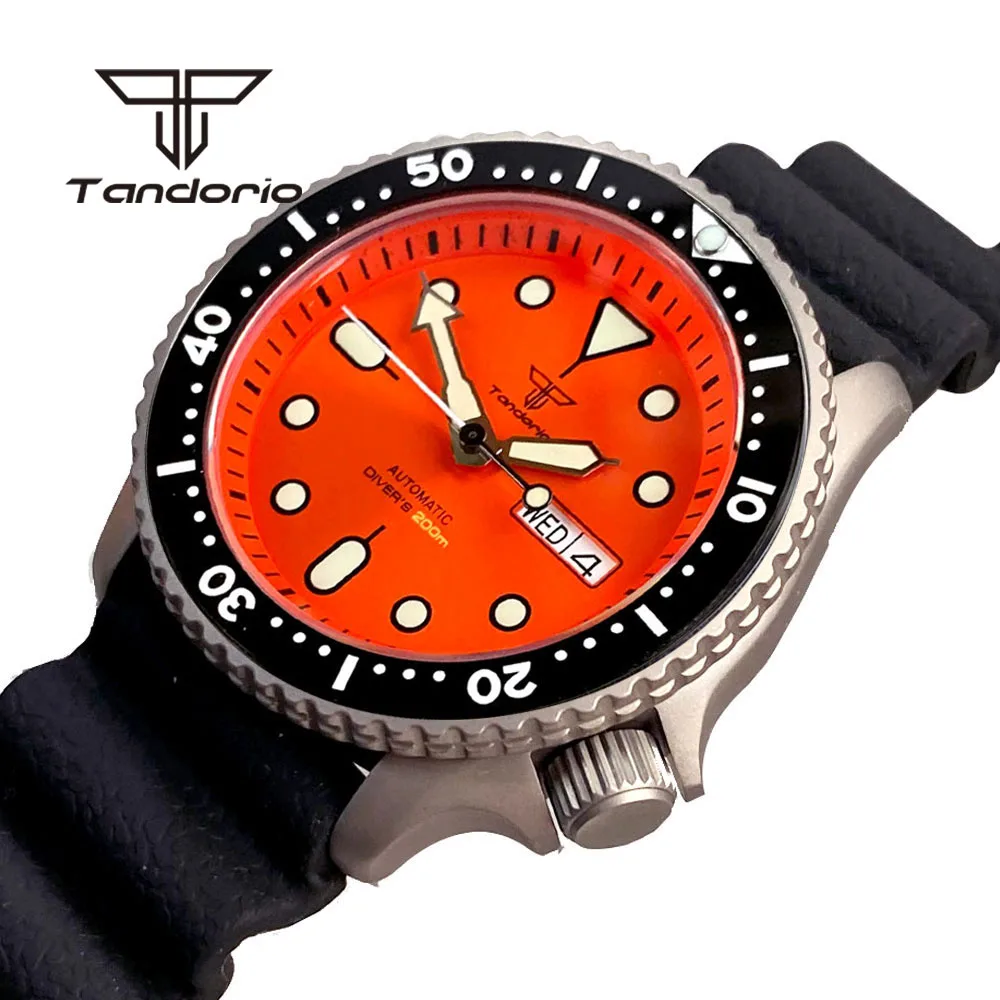 Tandorio NH36 Movement 41mm Titanium Case Date Week Display 20Bar Men\'s Automatic Dive Watch Sapphire Glass Rubber Band Luminous