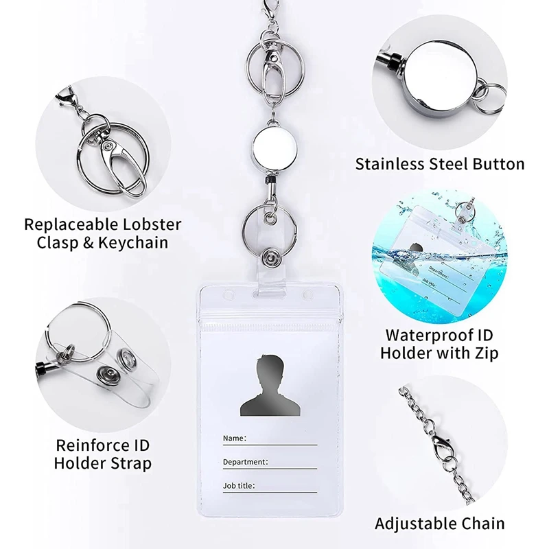 6 Pcs Retractable Badge Reels Lanyard With Name Card ID Holder For Women Fashion Beaded Badge Lanyard Necklace