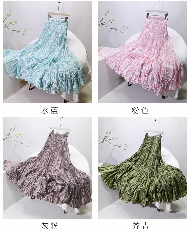 High Quality Women Spring Long Skirts Wide Hem Pleated Design High Waist A-Line Dance Maxi Skirts Faldas Femme Streetwear