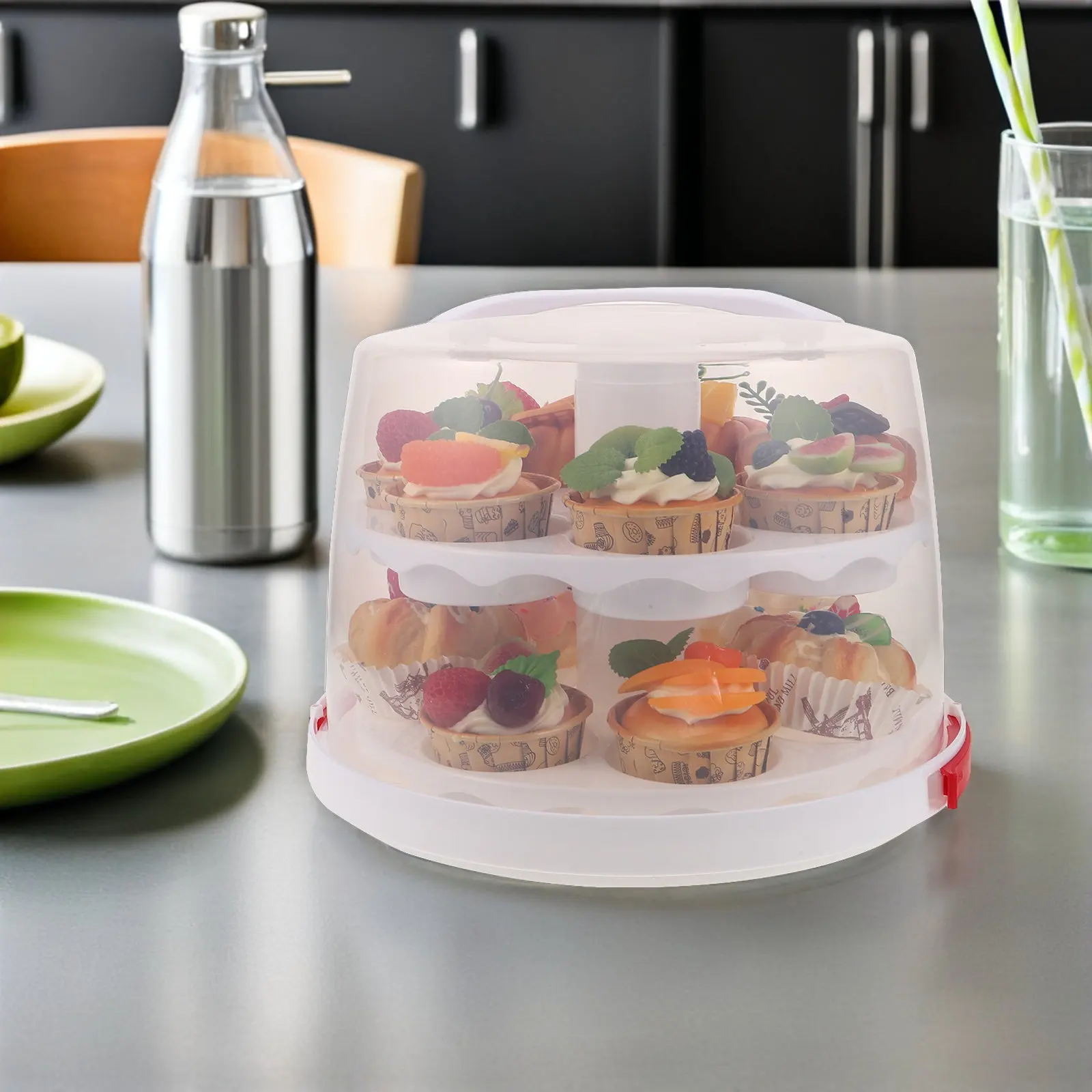 8 Inch 2 Layer Cupcake Container Cake Carrier with Lid And Handle Transparent Plastic Dessert Holder for Transport And Storage