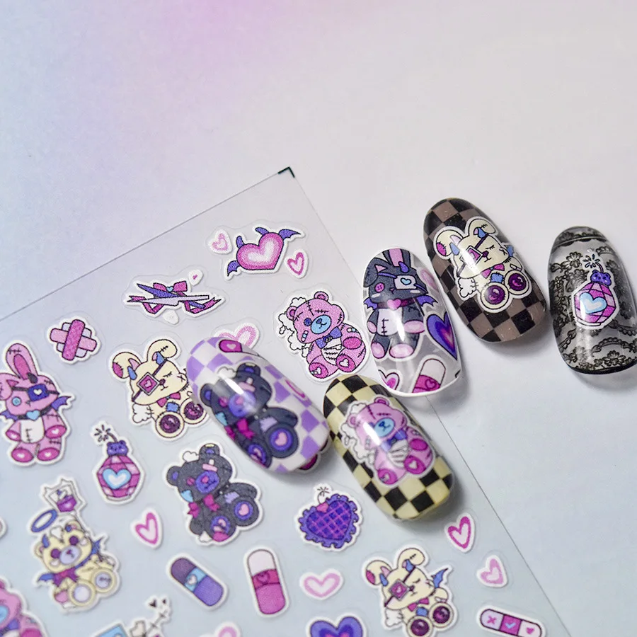 Dark Style Cartoon Pink Purple Rabbit Bear 5D Soft Embossed Reliefs Self Adhesive Nail Art Stickers Lovely 3D Manicure Decals