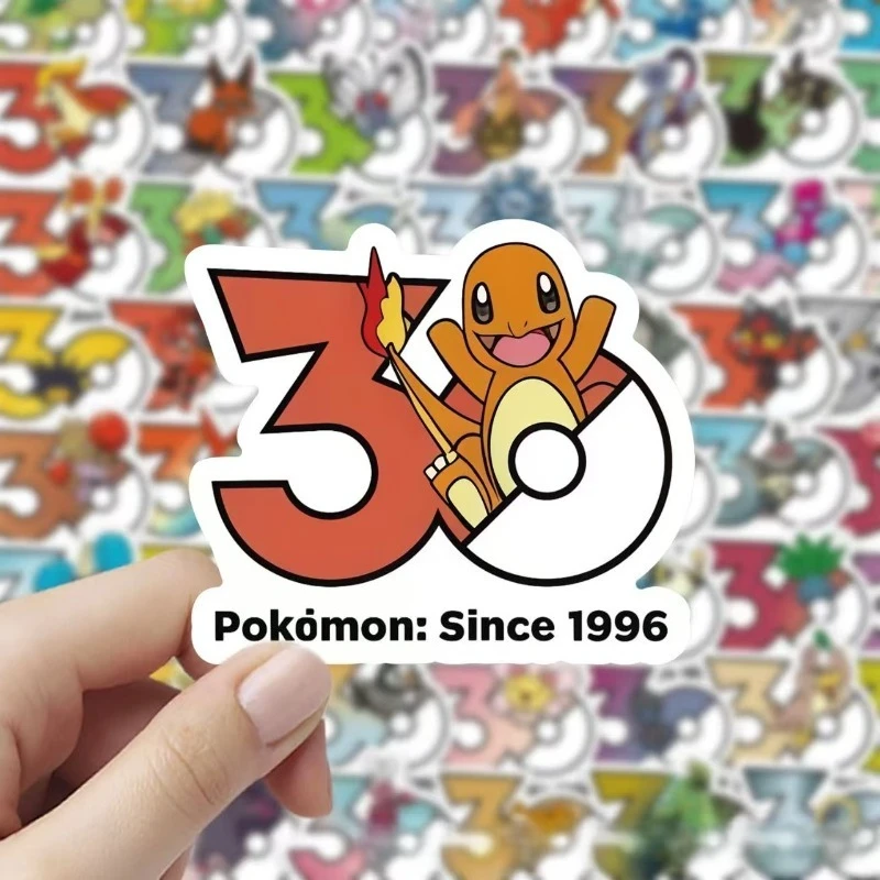 60pcs Pokemon 30th Anniversary Stickers Charmander Pikachu Bulbasaur Squirtle Anime Toys for Kids Scrapbook Journal Gift