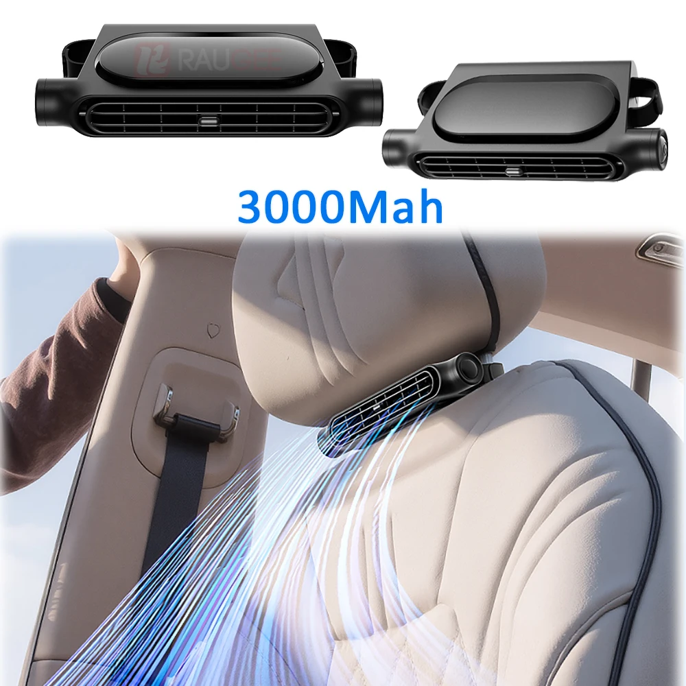 مروحة مقعد السيارة القابلة لإعادة الشحن USB بقدرة 3000 مللي أمبير في الساعة، مروحة مسند رأس لتبريد السيارة المحمولة للمقعد الخلفي مع 3 سرعات رياح قابلة للتعديل