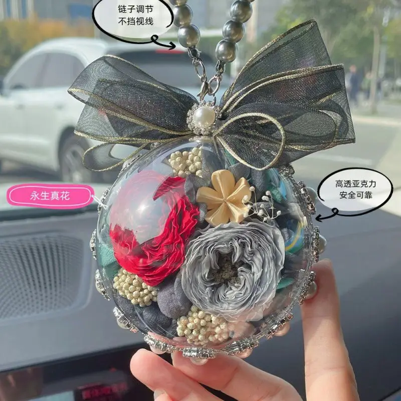 Double-Sided Preserved Fresh Flower Car Hanging Car Rearview Mirror Car Goddess Style Crystal Ball Car Pendant Bagbag