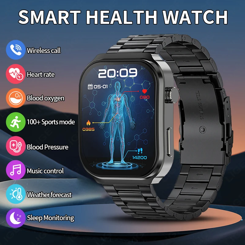 

LIGE Medical Grade Smart Watch Men Uric Acid Blood Fat Monitor 2.2'' HD Screen Bluetooth Call Sports Smartwatch Women For Xiaomi