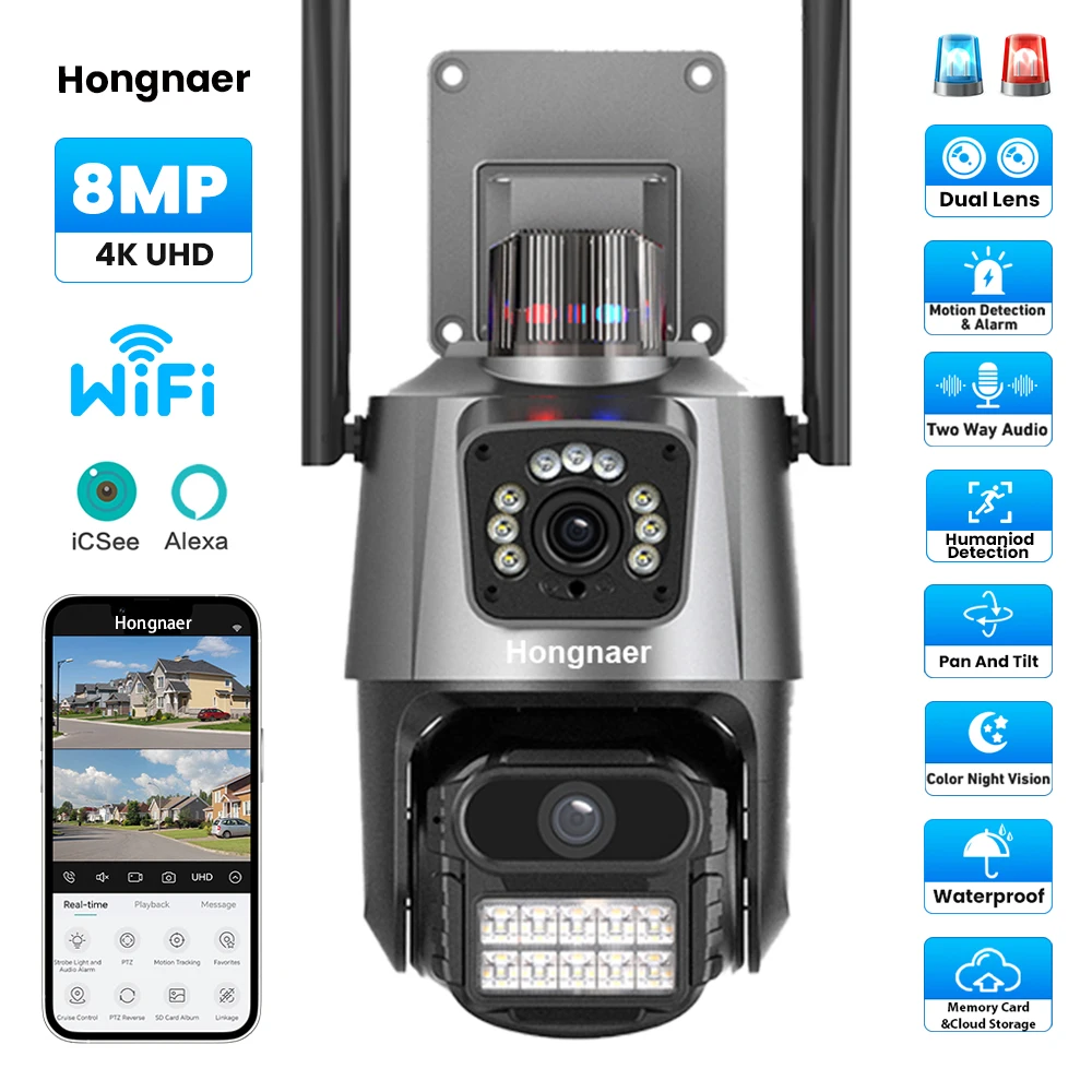 

Hongnaer ICSee 8MP 4K Dual Lens Night Vision Outdoor Smart Waterproof PTZ Wireless CCTV WiFi Security Camera