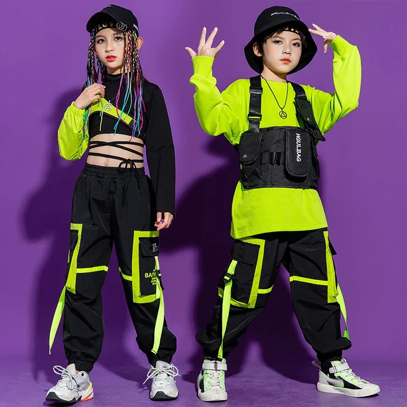 

Kid Hip Hop Dance Costume Children Street Dance Top Black and Green Pants Girls Jazz Dance Clothing Cool Kpop Stage Outfit