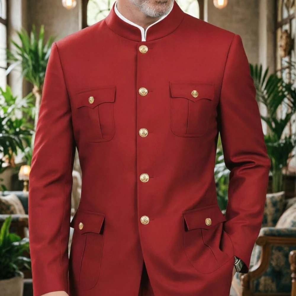 

Мужской костюм Safari: роскошный, с воротником-стойкой, на латунных пуговицах, приталенный, для свадеб и деловых мероприятий