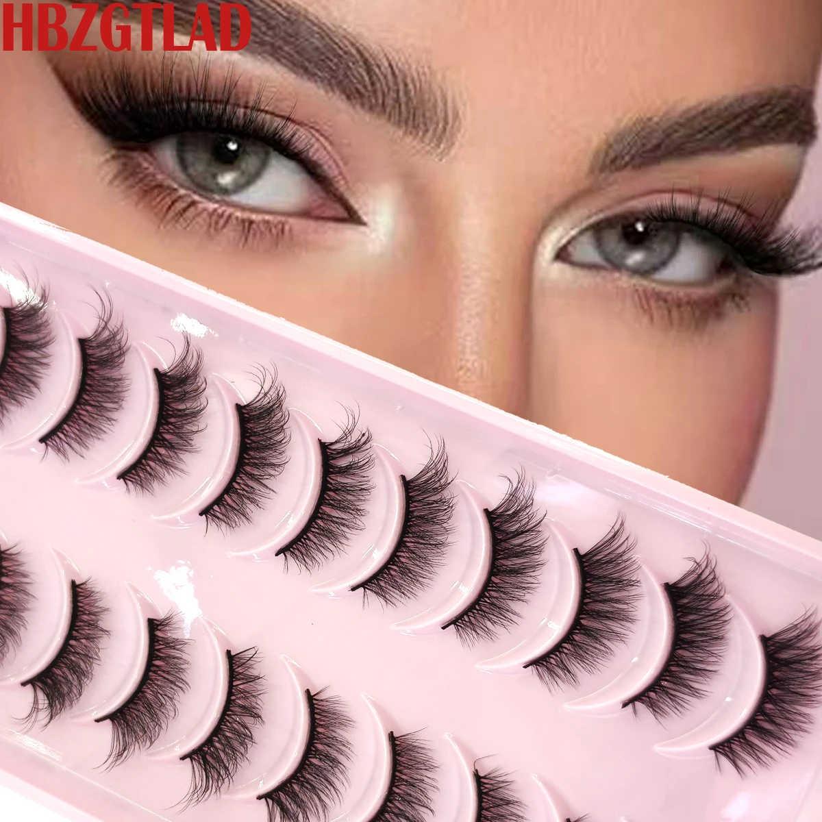 10 Paar halbe Wimpern, natürliches Aussehen, Katzenauge, falsche Wimpern, Wispy 3D-Faux-Nerzwimpern, transparentes Band, flauschige Streifenwimpern von HBZGTLAD