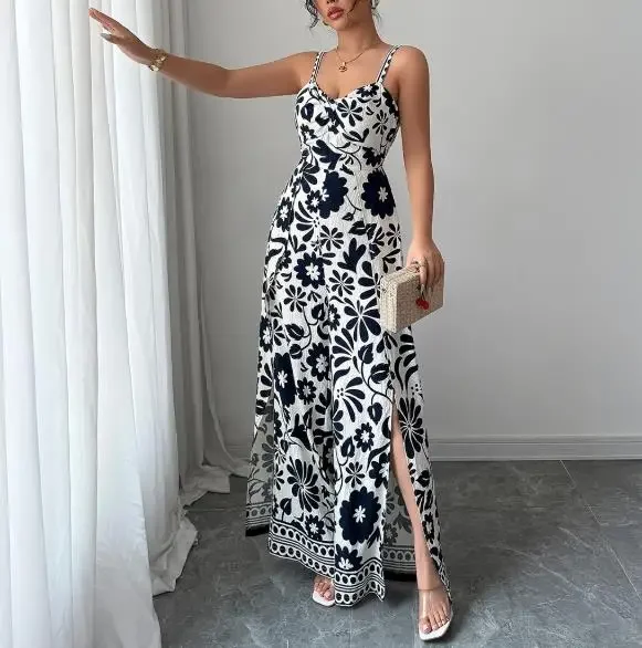 New Fashion Women Long Jumpsuits Autumn and Winter Leisure Vacation Printed Suspender Sexy Backless Jumpsuit Women's Clothing