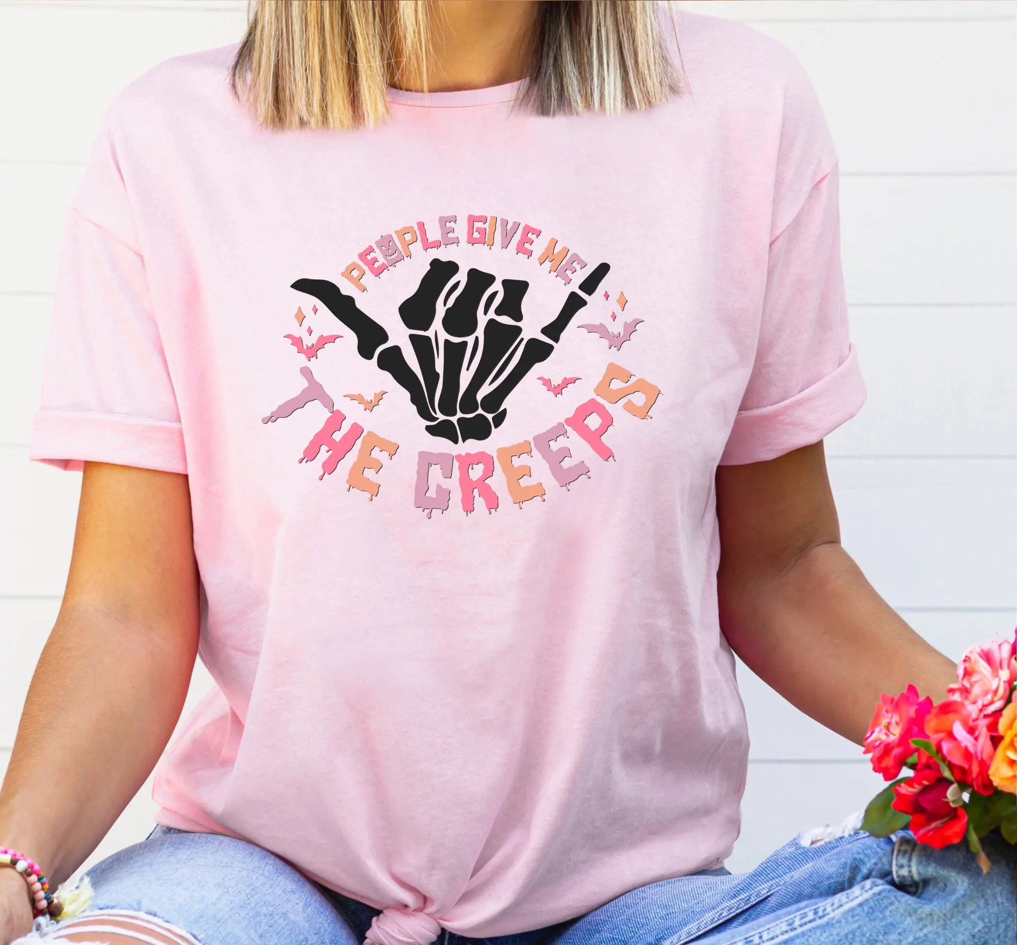 People Give Me The Creep Skeleton Hand Halloween T Shirt Cute Womens Holiday Trick Or Treat Festive Adult