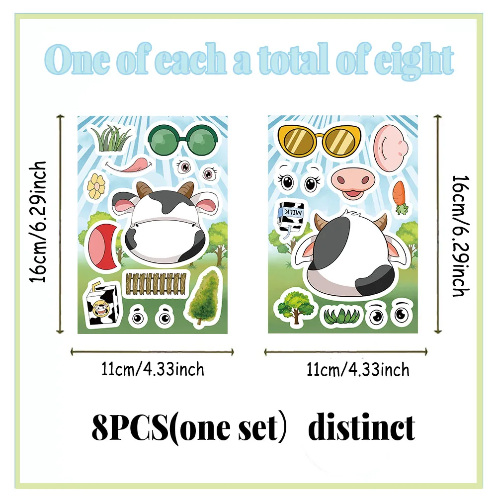 8 pièces dessin animé petite vache visage collier à langer mignon créatif bricolage manuel coque de téléphone tablette étiquette autocollants imperméables