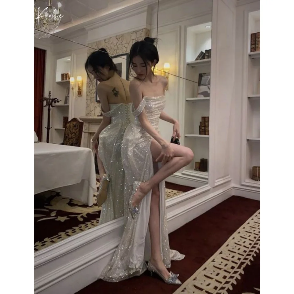 

Kobe White Sequin Strapless Prom Dress Side Slit Wedding Dresses Sleeveless Floor-Length Exquisite vestidos de noche Customized