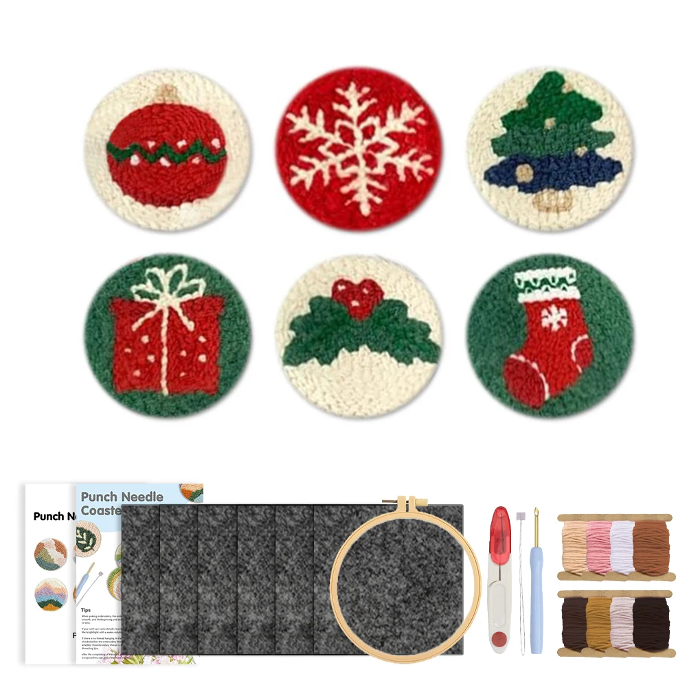 

6pcs Set Punch Needle Coasters Kit for Beginners DIY Stitching Embroidery Christmas gift Tufted Rug Pads with Felt Yarns