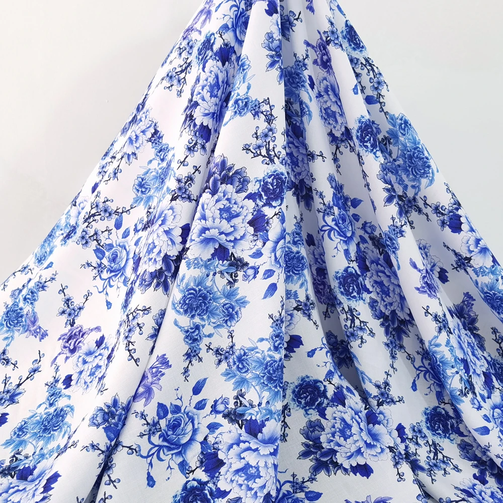 50cm*140cm Soft Viscose Summer Blue Big Floral Women's Dress Clothing Skirt Pajamas DIY Sewing Material