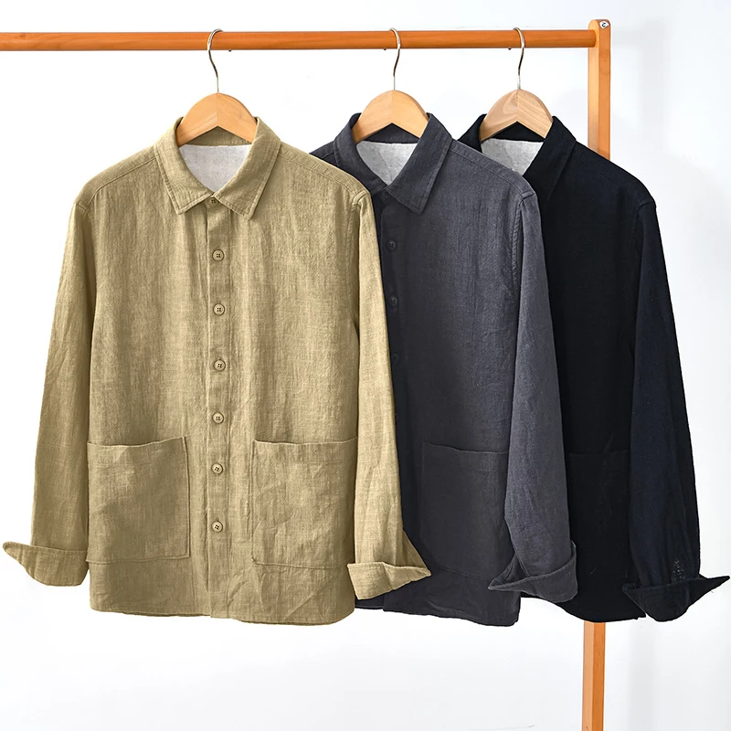 

Mens Casual Solid Shirt Spring Long Sleeve Fashion Outerwear Man Youth Cotton Linen Garment High Quality Cotton Coat Male