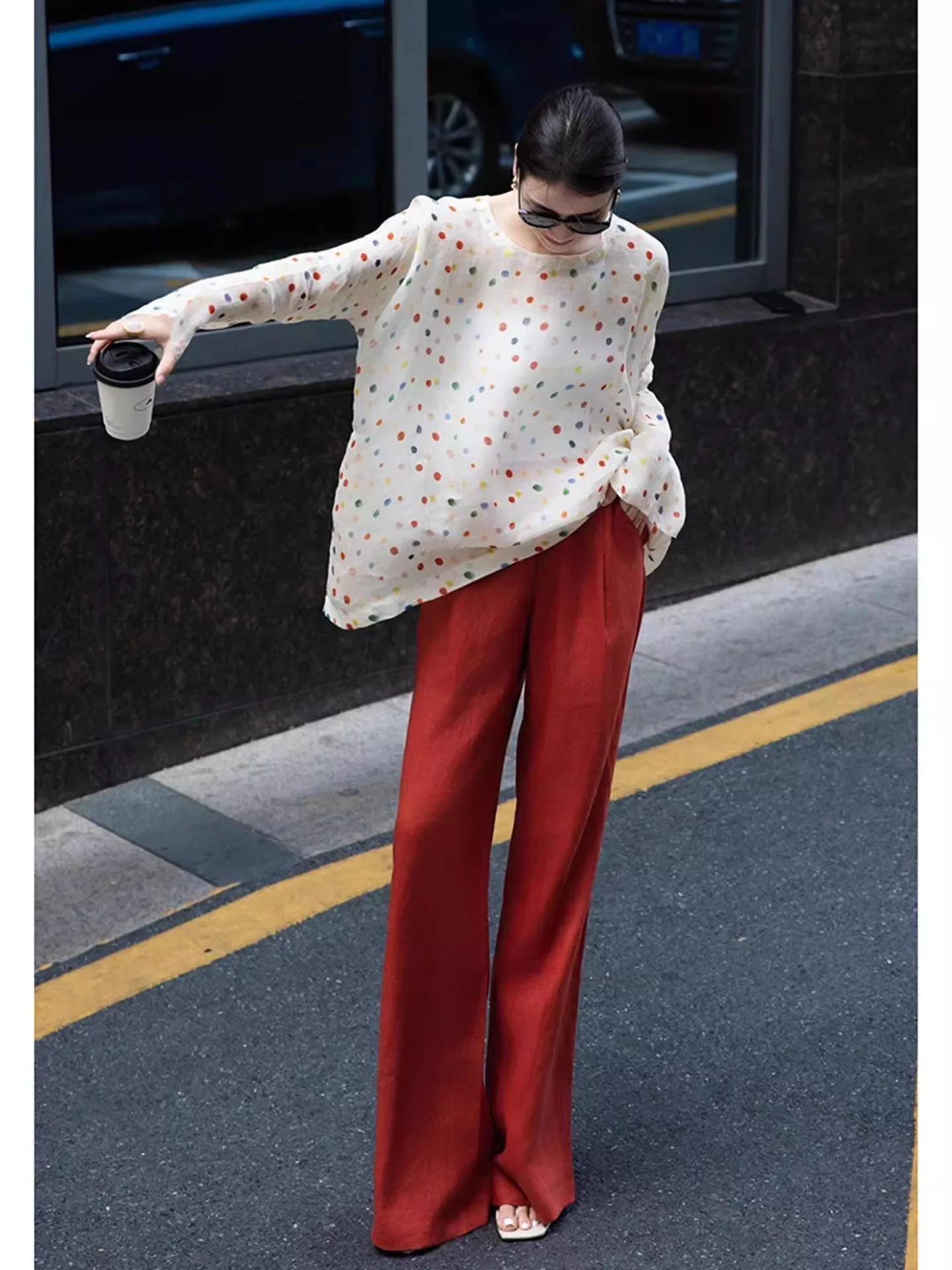 2025 Otoño Faion Set Ele Lady Long Sve Polka Dot irt Pantalones de pierna ancha Conjunto de dos piezas Ropa de trabajo French Sle Mujer C...