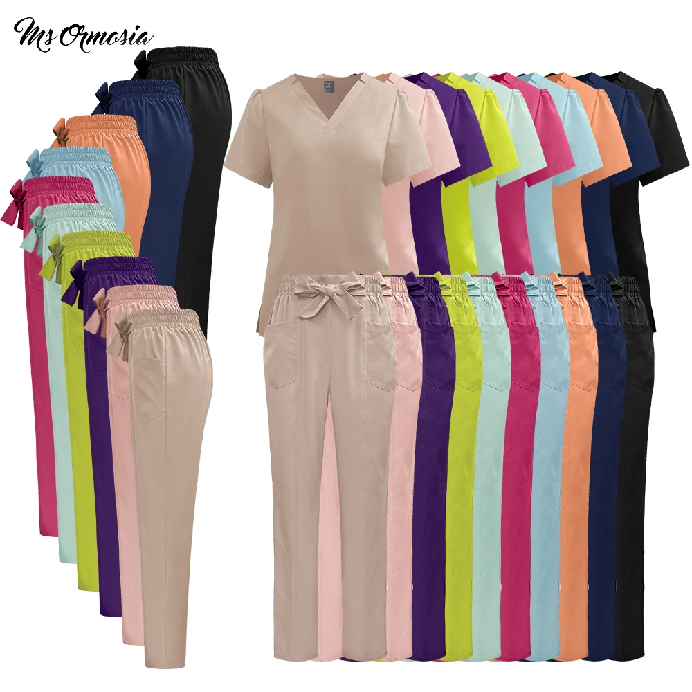 

Косметологическая спецодежда с v-образным вырезом и карманами, женская хирургическая одежда для врача и медсестры + брюки, аптека, униформа для стоматологической хирургии полости рта, клинический комплект