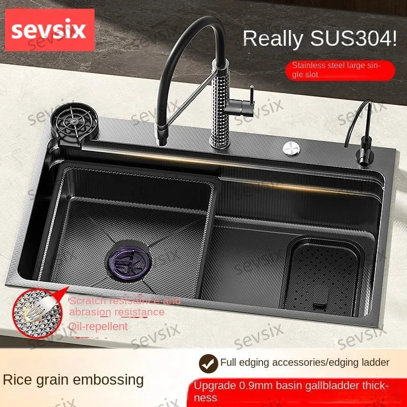 

Stainless Steel Waterfall Hot selling Kitchen Sink With Knife Holder Digital Display Faucet Set Embossed Extra Large Single Slot