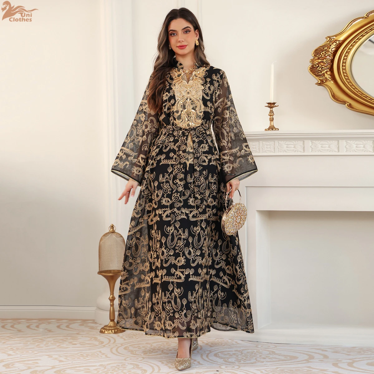 

Uni Luxury Woman Evening Dress Muslim Embroidery Sequins Abayas Mesh Sleeve Moroccan Kaftan Dress