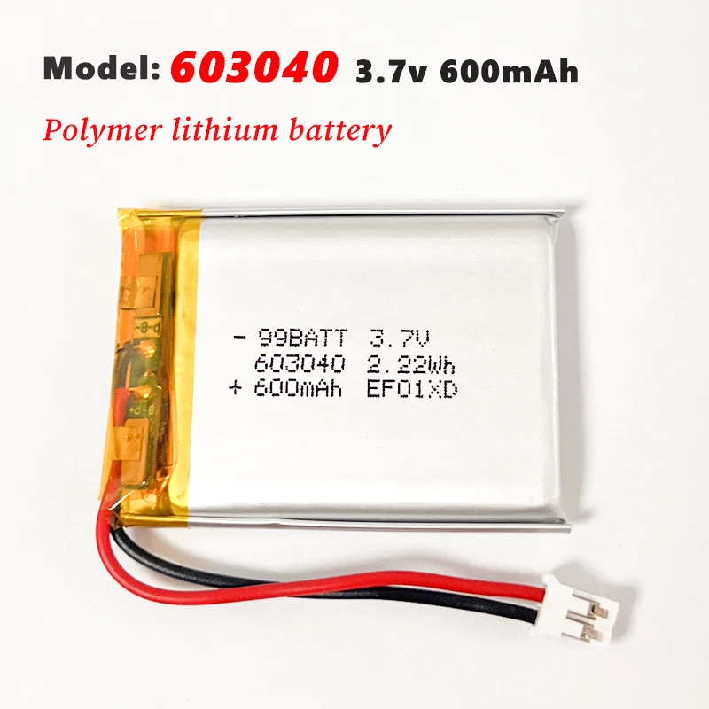 3.7V 600mAh 603040 Polymer Lithium Ion Rechargeable Battery for GPS LED Light Massager Bluetooth Speaker Toy Selfie Stick Fan