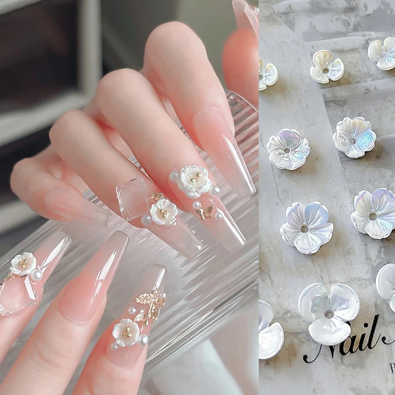 Colorido Aurora Flor Branca 3D Encantos do prego, Shell do mar, brilhante Floral, Borboleta Nail Art Decorações, DIY Manicure Nail Supply, 50pcs