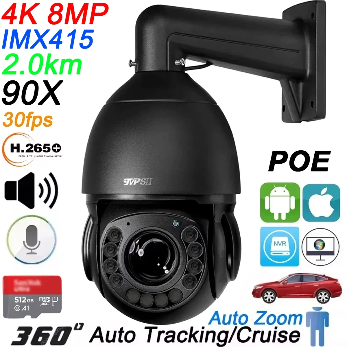 Max.512G Metal Laser Led Auto Tracking 30fps 8MP 4K 90X Optical Zoom 360° Audio ONVIF POE PTZ Speed Dome Surveillance IP Camera