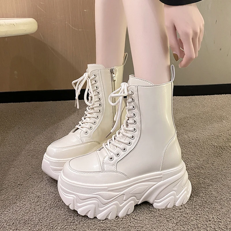 Punk Super High Platform Boots Women Chunky Heels Lace Up Motorcycle Boots Woman Black White Thick Bottom Ankle Booties Female