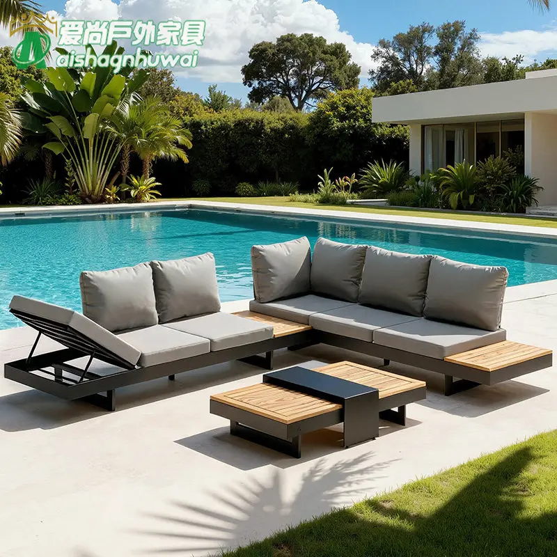luxury Modern L-Shaped Outdoor Conservation Sofa Set with Coffee Table, Acacia Wood Patio Sectional Sofa for Gardens Customized