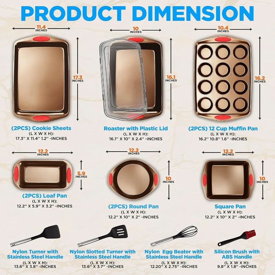 15-Piece Non-Stick Baking Pan Set - Durable Carbon Steel Bakeware Set with Loaf & Muffin Pans, Square & Round Cake Pans, Roaster