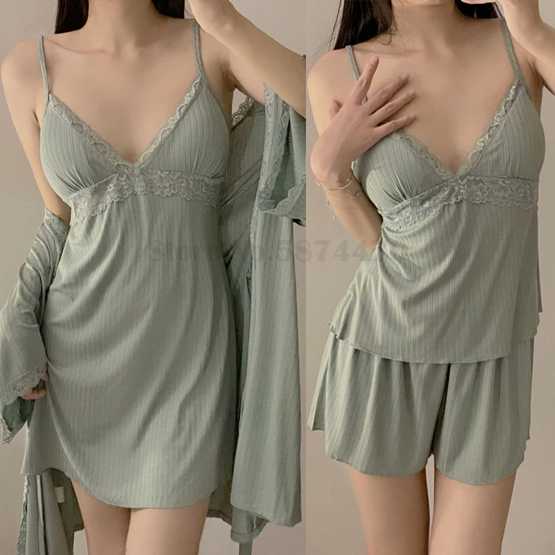 Four Piece Pajama Set Women New Modal Minimalist Cami&Shorts Sleepwear Sexy Bathrobe Kimono Gown Lace Edge Nightdress Nightwear