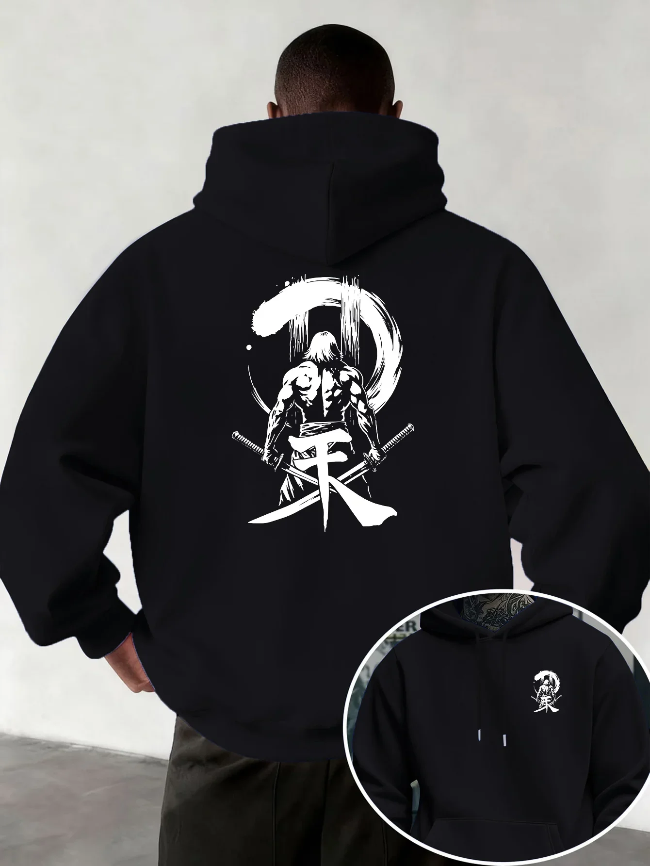 Harajuku Ink Wash Samurai Hoodie Unisex Japanese Kanji Enso Circle Double Sided Print Oversized Hooded Sweatshirt